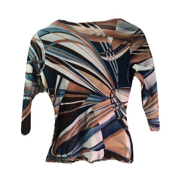 Moa Moa Size Large Geometric V-neck Top 90s Lettuce Edge Trim 3/4 Length Sleeve - Picture 2 of 7